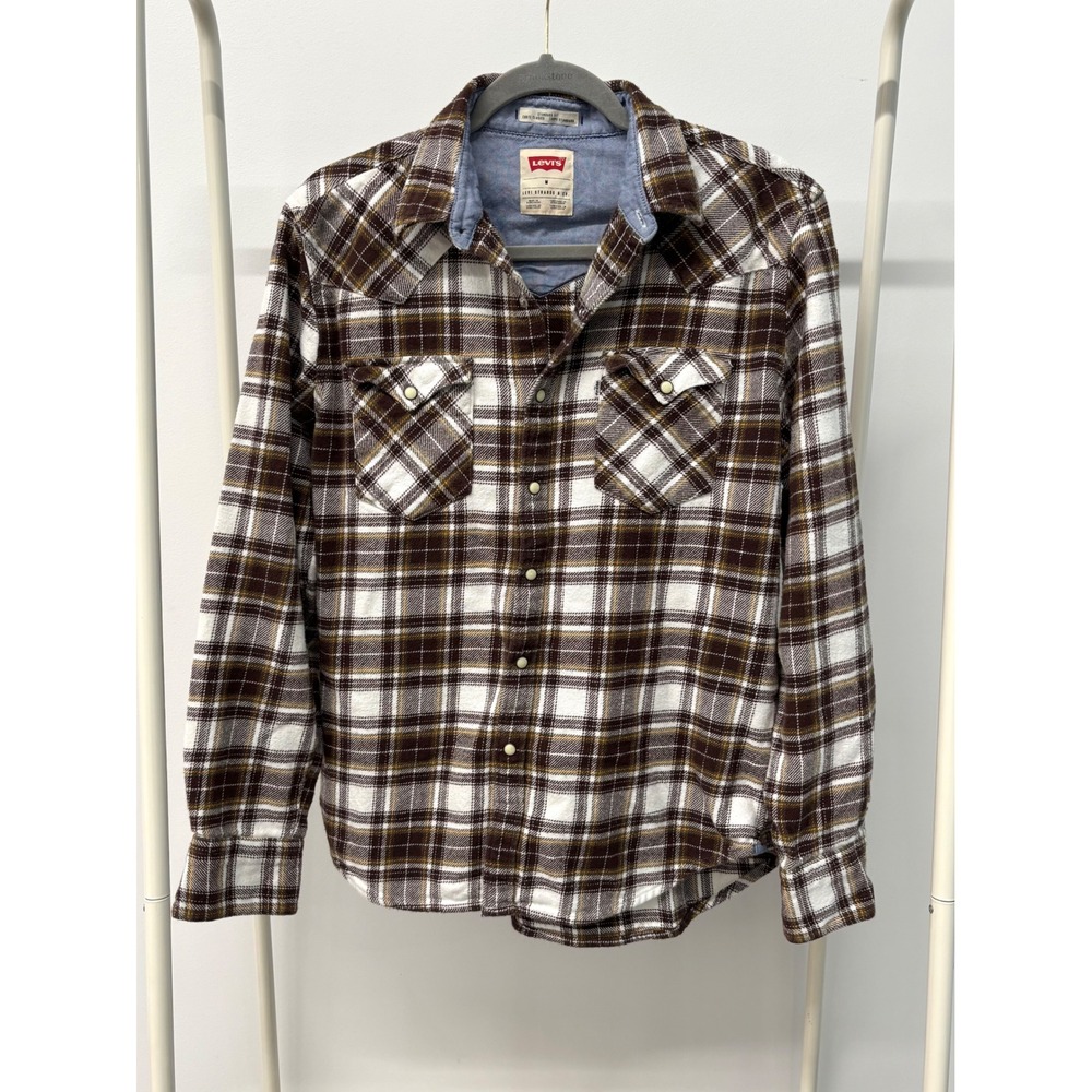 Levis Mens Brown Plaid Flannel Western Pearl Snap Shirt Standard Fit Medium